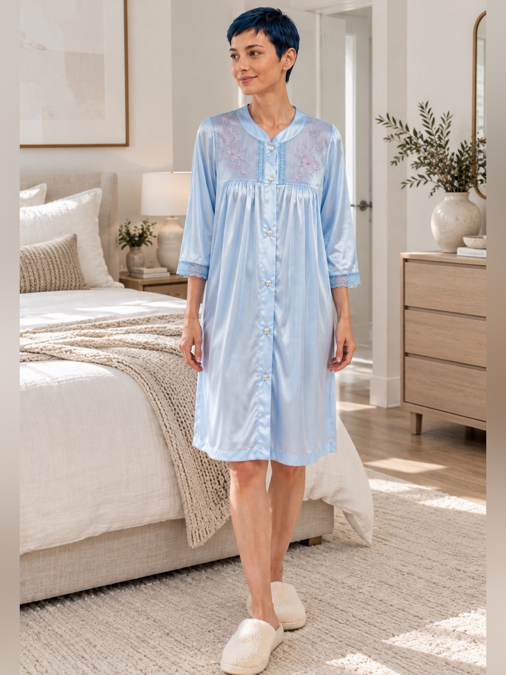 Vintage Da Notte 1970s Blue Lace Nylon Robe M Made USA
